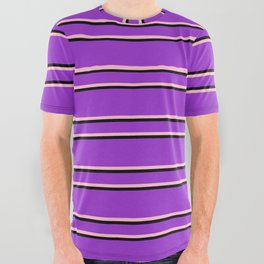 [ Thumbnail: Dark Orchid, Pink & Black Colored Lines/Stripes Pattern All Over Graphic Tee ]