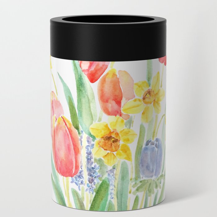 red tulips and yellow daffodils watercolor  Can Cooler