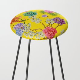 Asian Flowers with peonys and lilys on a bright yellow background Counter Stool