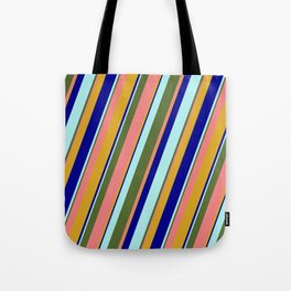 [ Thumbnail: Colorful Dark Olive Green, Light Coral, Goldenrod, Dark Blue, and Turquoise Colored Lined Pattern Tote Bag ]