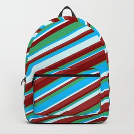 [ Thumbnail: Eyecatching Dark Red, Sea Green, Deep Sky Blue, Light Cyan & Brown Colored Lines/Stripes Pattern Backpack ]
