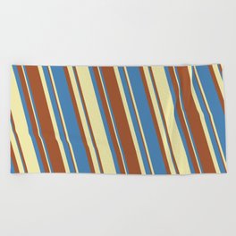 [ Thumbnail: Blue, Pale Goldenrod, and Sienna Colored Stripes/Lines Pattern Beach Towel ]