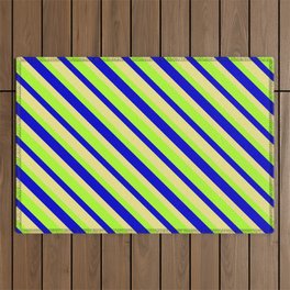 [ Thumbnail: Light Green, Blue, and Tan Colored Pattern of Stripes Outdoor Rug ]