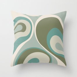 Retro Psychedelic Abstract Design in Olive and Light Green, Teal and Cream Throw Pillow