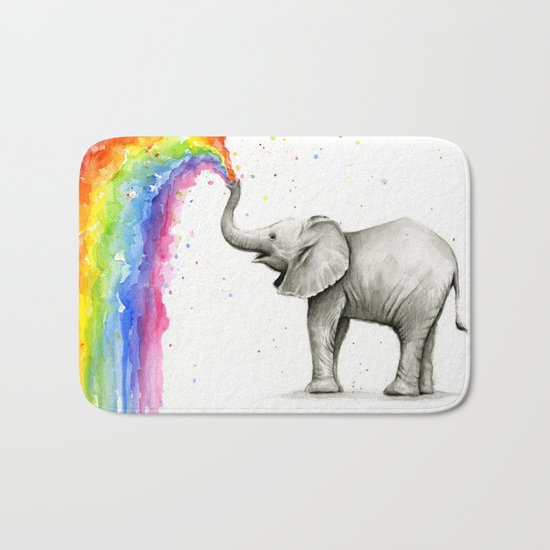 Baby Elephant Spraying Rainbow Whimsical Animals Bath Mat