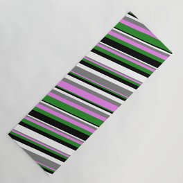 [ Thumbnail: Colorful Gray, Violet, Forest Green, Black & White Colored Striped Pattern Yoga Mat ]