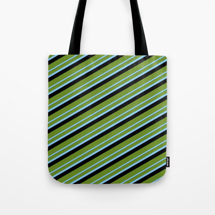 Green, Light Sky Blue, and Black Colored Lined/Striped Pattern Tote Bag