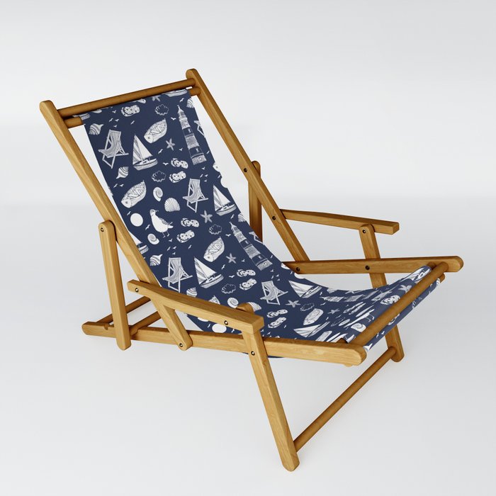 Navy Blue And White Summer Beach Elements Pattern Sling Chair