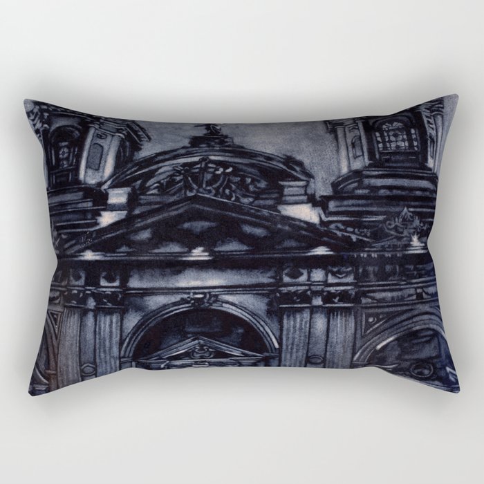 Watercolor painting of the neo-classical facade of the Cathedral on the Plaza de Armas in Santiago, Rectangular Pillow