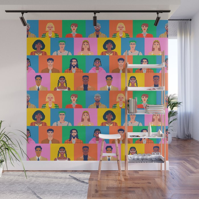 Crowd of diverse people cartoon character group seamless pattern Wall Mural