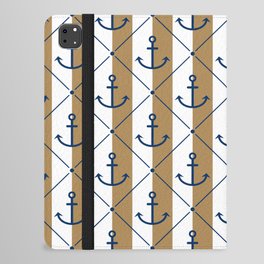 Navy Blue Anchor Pattern on White and Gold iPad Folio Case