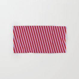 [ Thumbnail: Vibrant Light Slate Gray, Orchid, Dark Red, Red & Light Gray Colored Stripes Pattern Hand & Bath Towel ]