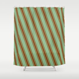 [ Thumbnail: Dark Sea Green and Brown Colored Pattern of Stripes Shower Curtain ]