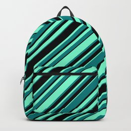 [ Thumbnail: Aquamarine, Teal, and Black Colored Pattern of Stripes Backpack ]