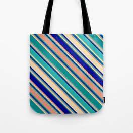 [ Thumbnail: Vibrant Dark Salmon, Tan, Dark Cyan, Dark Blue, and Light Sea Green Colored Striped/Lined Pattern Tote Bag ]