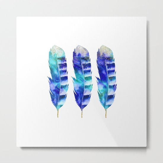 Blue Turquoise Watercolor Feather Art Metal Print