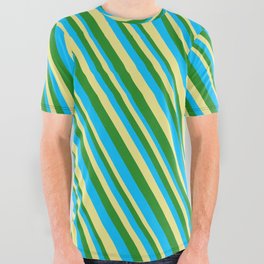 [ Thumbnail: Deep Sky Blue, Tan & Forest Green Colored Striped Pattern All Over Graphic Tee ]