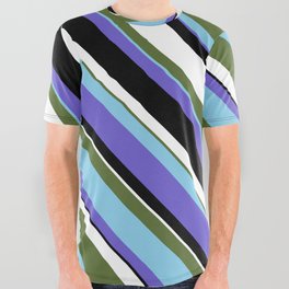 [ Thumbnail: Dark Olive Green, Sky Blue, Slate Blue, Black, and White Colored Lined Pattern All Over Graphic Tee ]