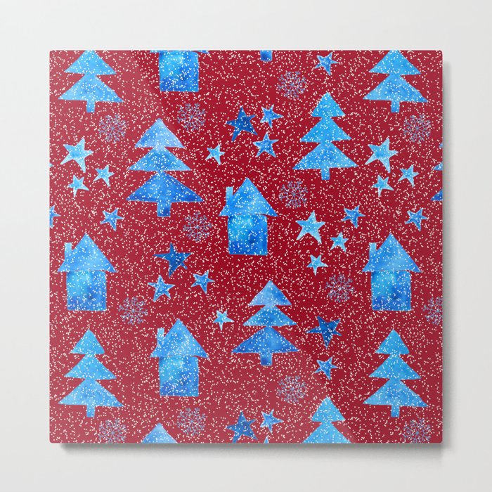 Vibrant red blue teal winter falling snow trees stars and houses pattern Metal Print