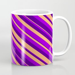 [ Thumbnail: Dark Violet, Indigo & Brown Colored Striped Pattern Coffee Mug ]