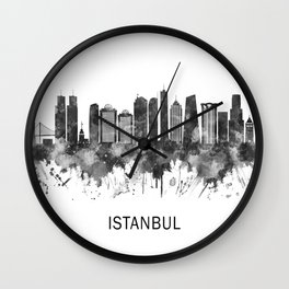 Istanbul Turkey Skyline BW Wall Clock | Urban, Illustration, Poster, Cityscape, Skyline, Modern, Watercolor, Abstract, Design, Turkey 