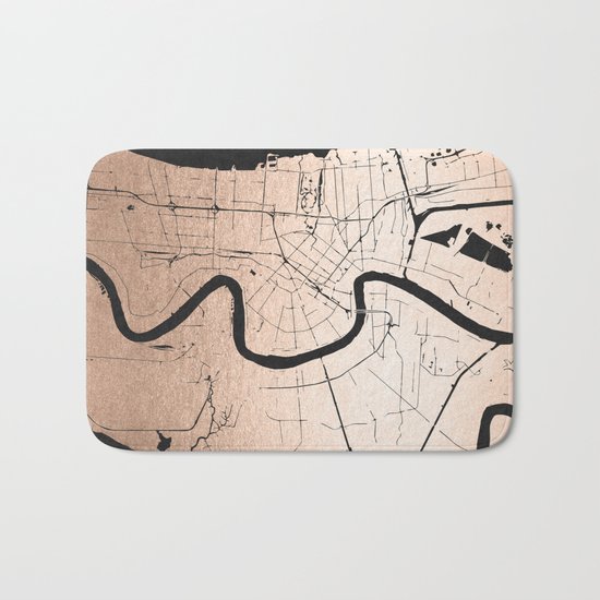 New Orleans Rose Gold and Black Map Bath Mat