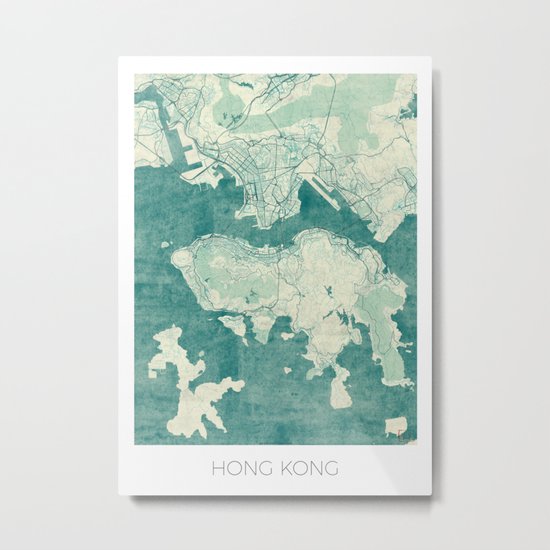 Hong Kong Map Blue Vintage Metal Print