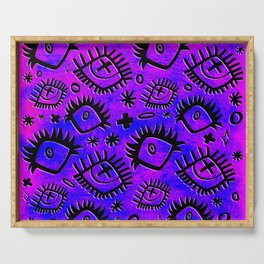 Weird Alternative Eyes and Doodles Watercolor Abstract (purple) Serving Tray
