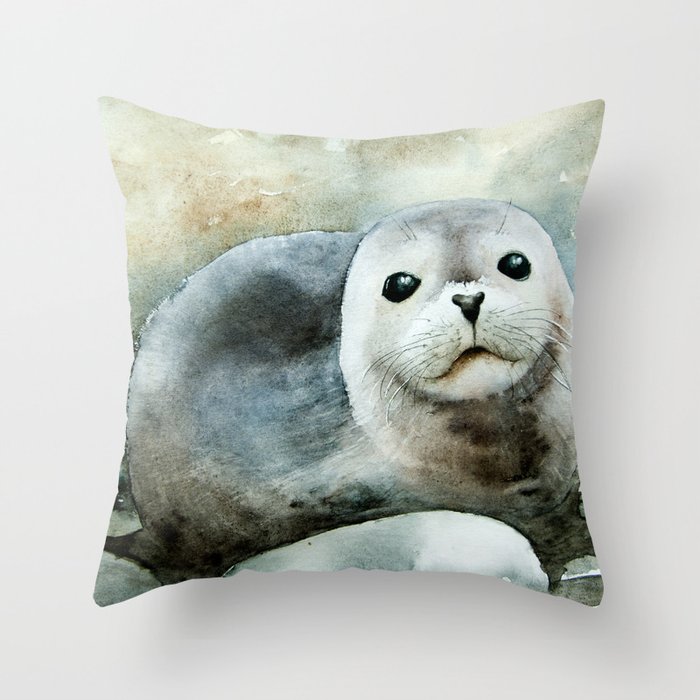 Curious seal on the pebbles Throw Pillow
