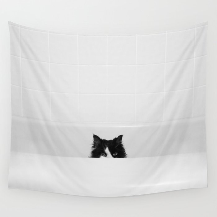 Water Please - Black and White Cat in Bathtub Wall Tapestry
