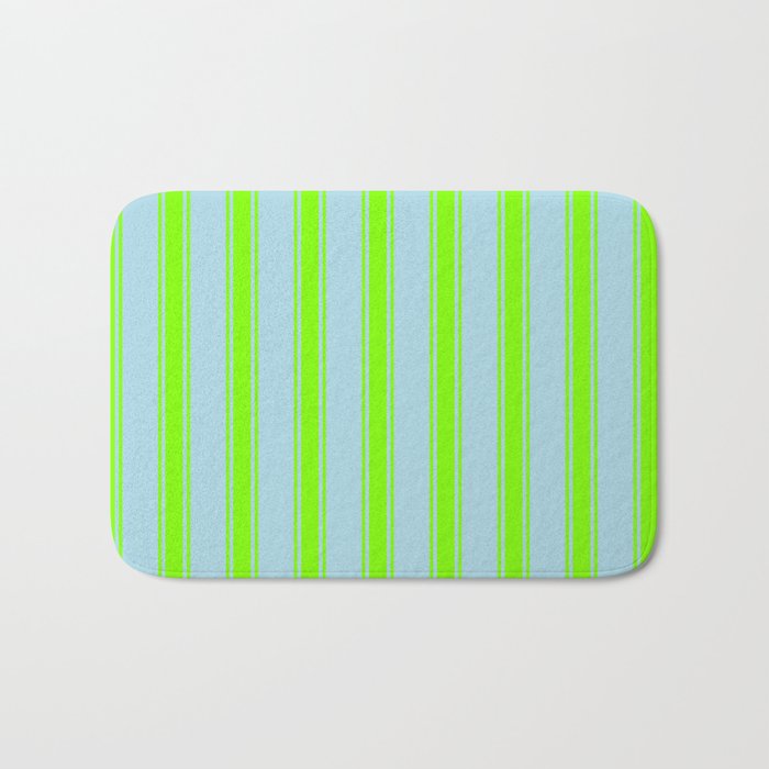Light Blue and Chartreuse Colored Striped Pattern Bath Mat