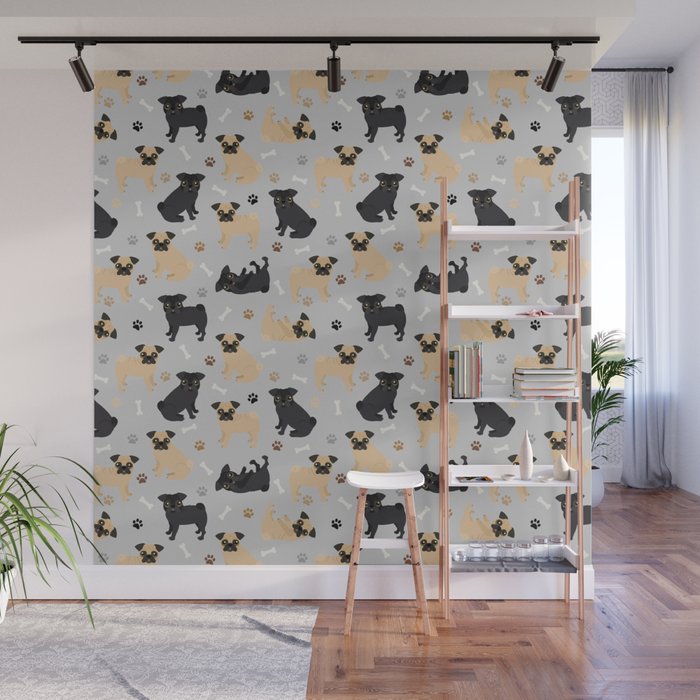 Pug Dogs Pattern Gray Wall Mural
