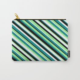 [ Thumbnail: Green, White, Dark Cyan & Black Colored Striped/Lined Pattern Carry-All Pouch ]
