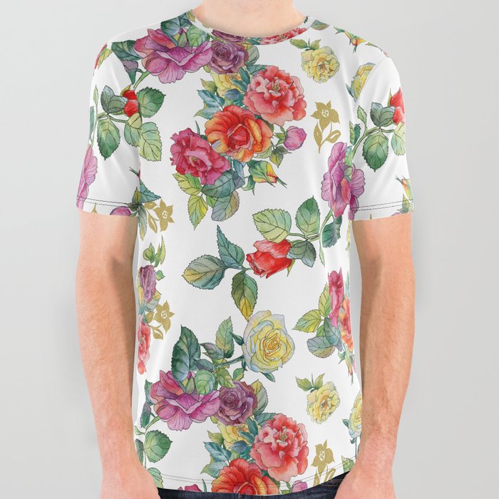 Seamless pattern with watercolor multicolored roses All Over Graphic Tee