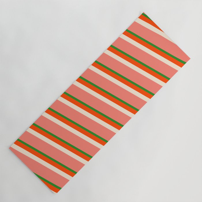 Forest Green, Red, Beige, and Salmon Colored Lined/Striped Pattern Yoga Mat