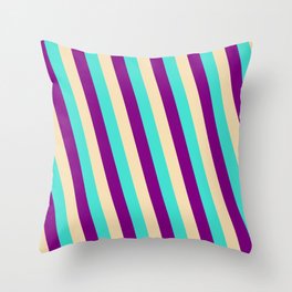 [ Thumbnail: Turquoise, Purple & Tan Colored Stripes/Lines Pattern Throw Pillow ]