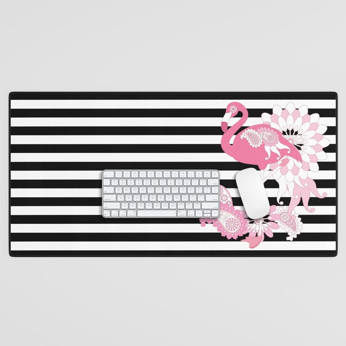 Black and White Stripe Pink Flamingo Desk Mat