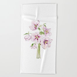 pink hellebores flower watercolor  Beach Towel