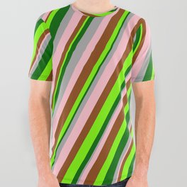 [ Thumbnail: Vibrant Dark Grey, Pink, Brown, Green & Dark Green Colored Lined Pattern All Over Graphic Tee ]