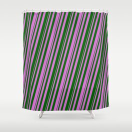 [ Thumbnail: Orchid & Dark Green Colored Lined/Striped Pattern Shower Curtain ]