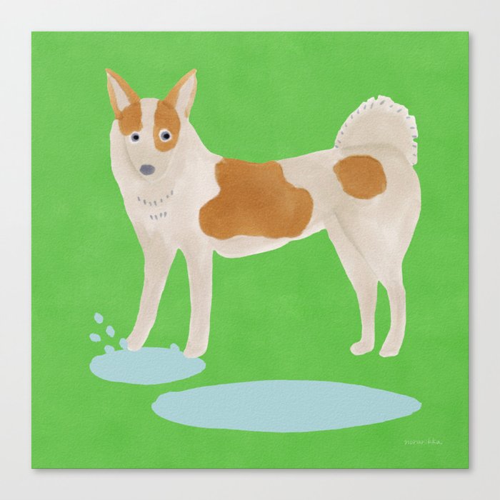 Dog Stepping into a Puddle - Brown and Green Canvas Print