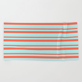 [ Thumbnail: Red & Turquoise Colored Striped/Lined Pattern Beach Towel ]