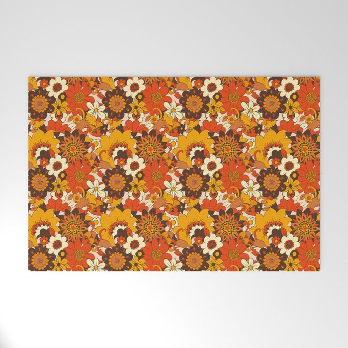 Retro 70s Flower Power, Floral, Orange Brown Yellow Psychedelic Pattern Welcome Mat