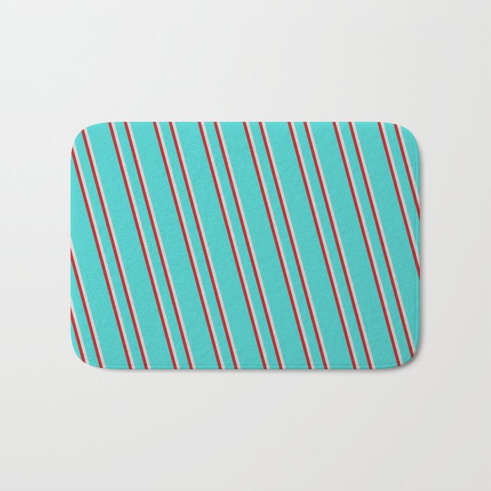 Turquoise, Light Grey & Red Colored Lines/Stripes Pattern Bath Mat
