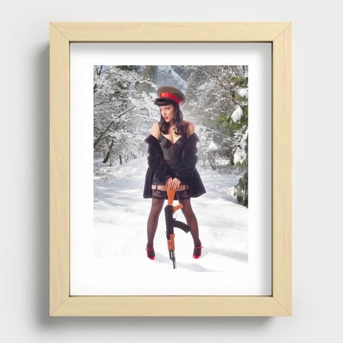 "Sovietsky on Ice" - The Playful Pinup - Russian Theme Pin-up Girl in Snow by Maxwell H. Johnson Recessed Framed Print