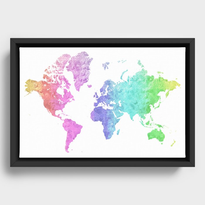 Rainbow world map in watercolor style "Jude" Framed Canvas