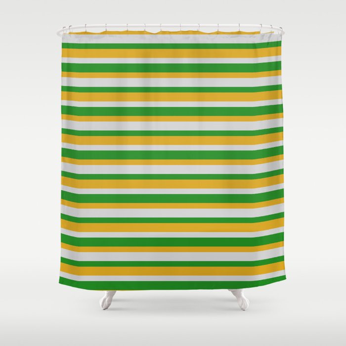 Light Grey, Forest Green & Goldenrod Colored Stripes/Lines Pattern Shower Curtain
