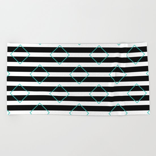 Black and White Stripes And Cyan Blue Squares Pattern Beach Towel