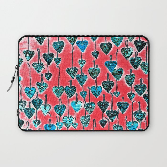 Ceramic hearts suspended on hemp strings on red background Laptop Sleeve