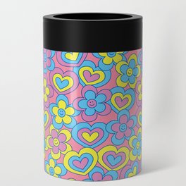 Happy Daisy and Heart Pattern, Vibrant Colors, Blue, Yellow, Pink Can Cooler